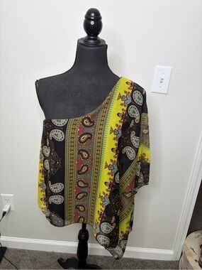 Y2K Vintage Boho One-Shoulder Paisley Blouse MCM festival, summer unique